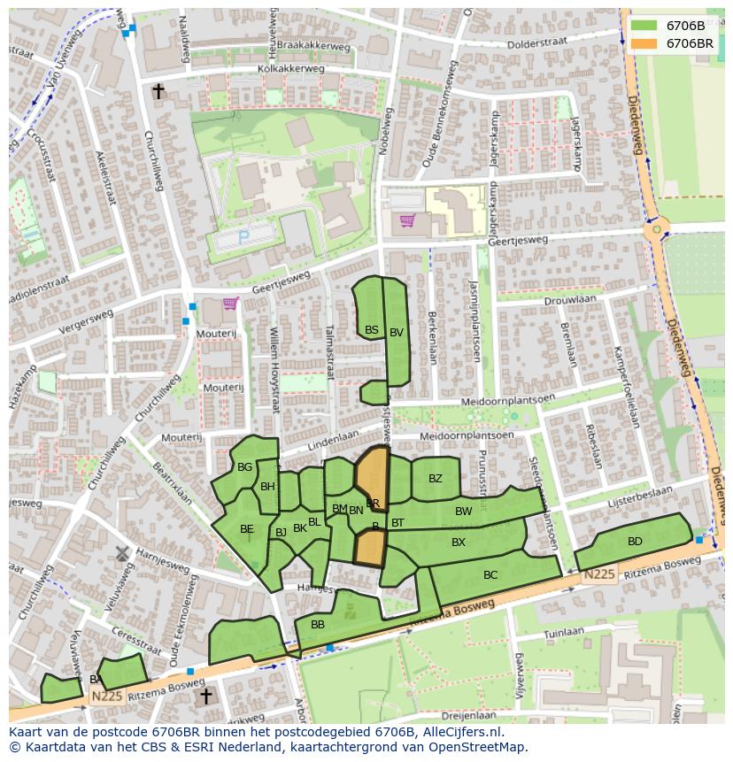 Afbeelding van het postcodegebied 6706 BR op de kaart.
