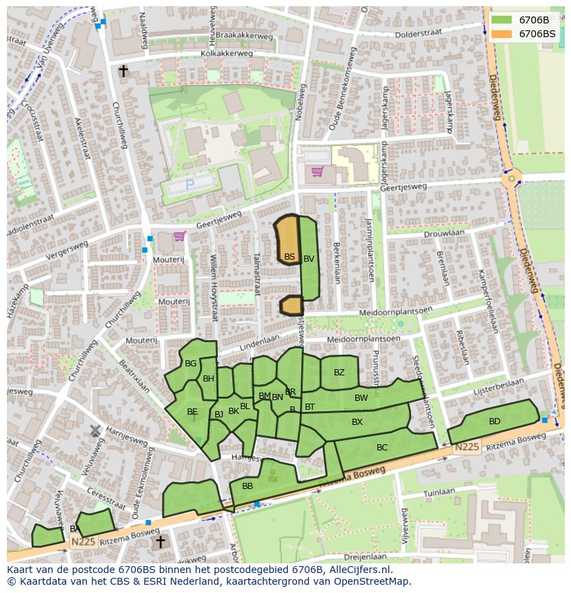 Afbeelding van het postcodegebied 6706 BS op de kaart.