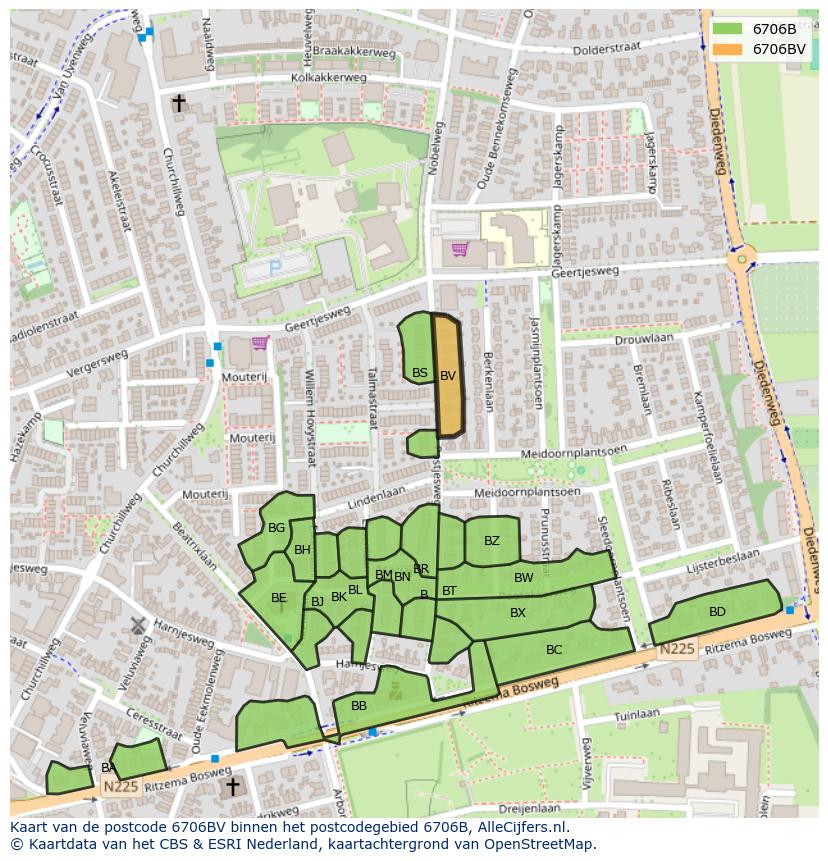 Afbeelding van het postcodegebied 6706 BV op de kaart.