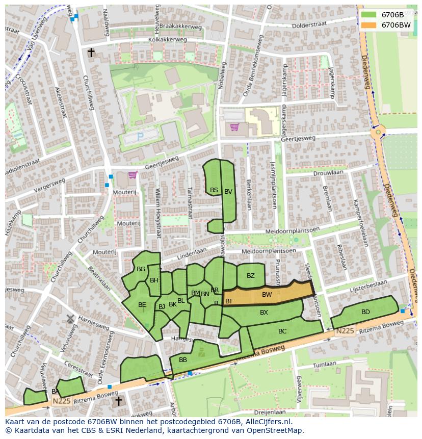 Afbeelding van het postcodegebied 6706 BW op de kaart.