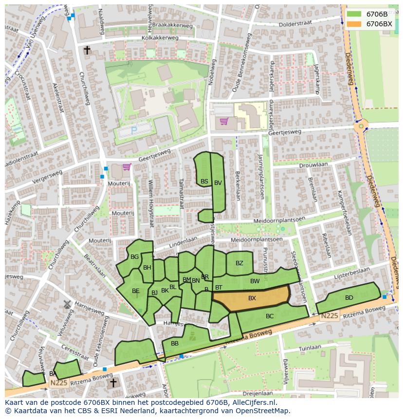 Afbeelding van het postcodegebied 6706 BX op de kaart.