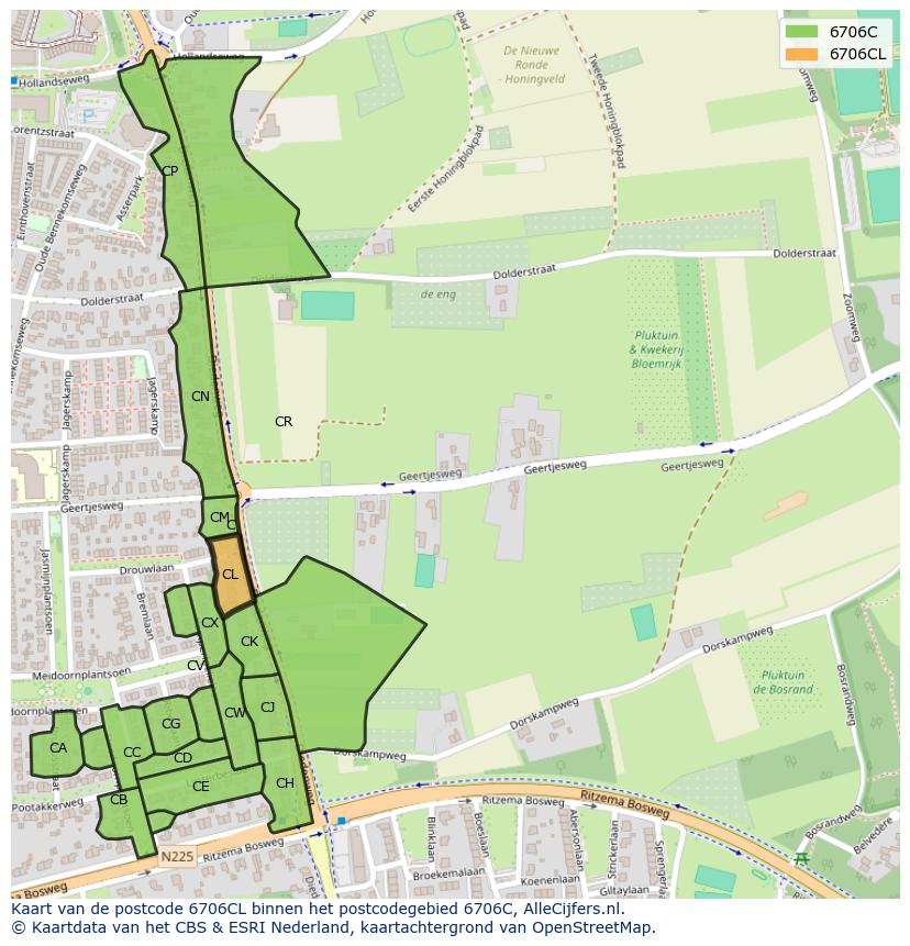 Afbeelding van het postcodegebied 6706 CL op de kaart.