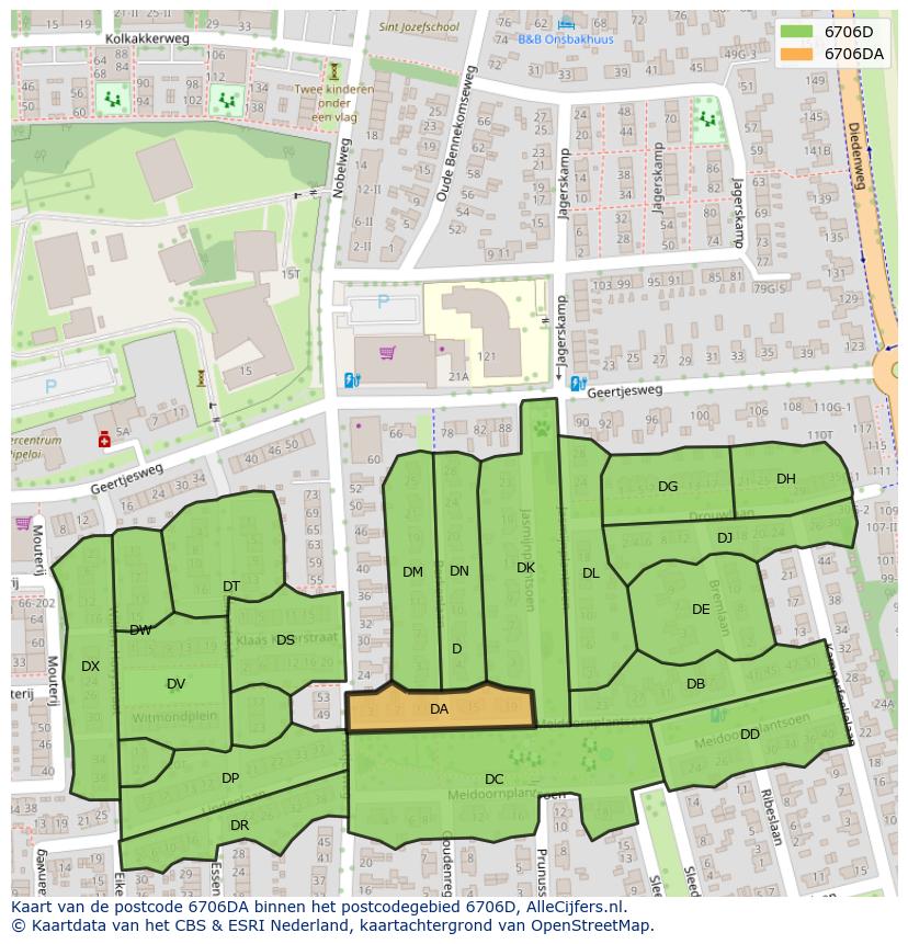 Afbeelding van het postcodegebied 6706 DA op de kaart.