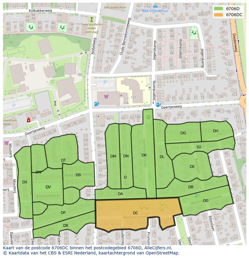 Afbeelding van het postcodegebied 6706 DC op de kaart.