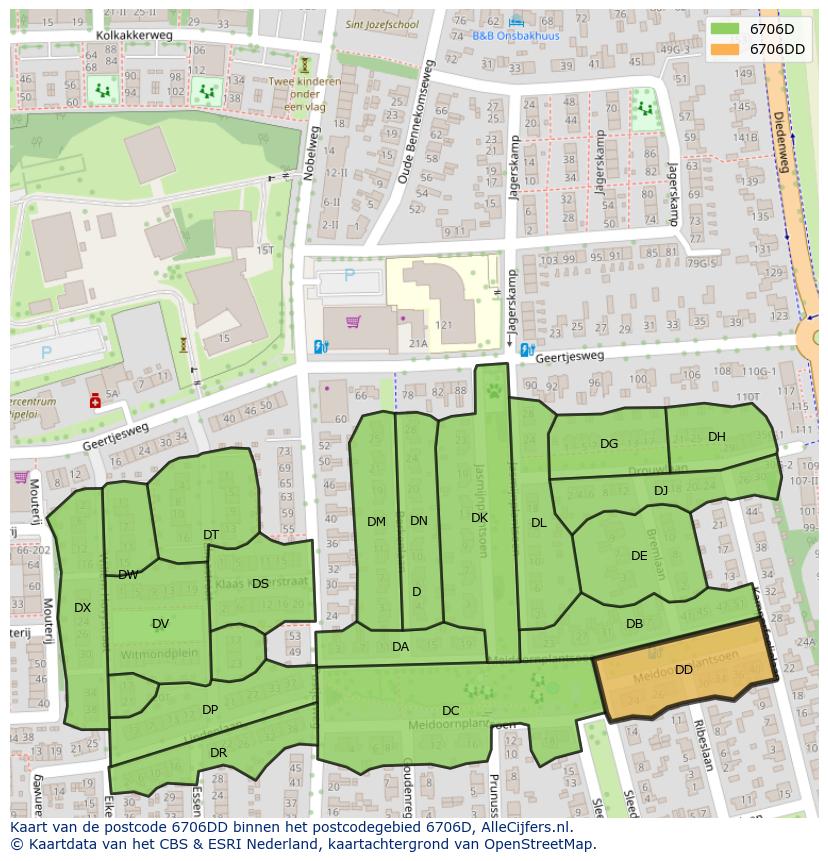 Afbeelding van het postcodegebied 6706 DD op de kaart.