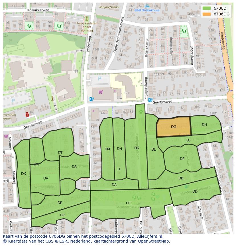 Afbeelding van het postcodegebied 6706 DG op de kaart.