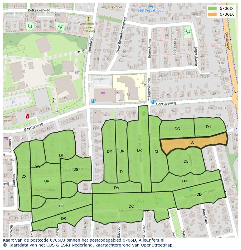Afbeelding van het postcodegebied 6706 DJ op de kaart.
