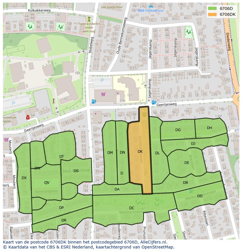 Afbeelding van het postcodegebied 6706 DK op de kaart.