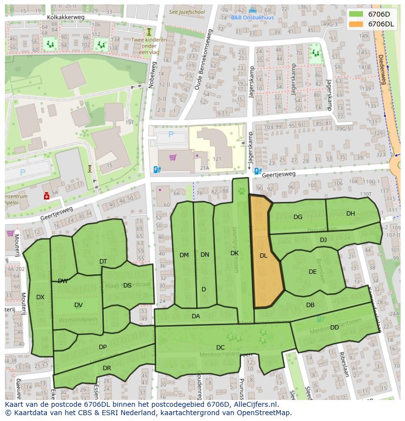 Afbeelding van het postcodegebied 6706 DL op de kaart.