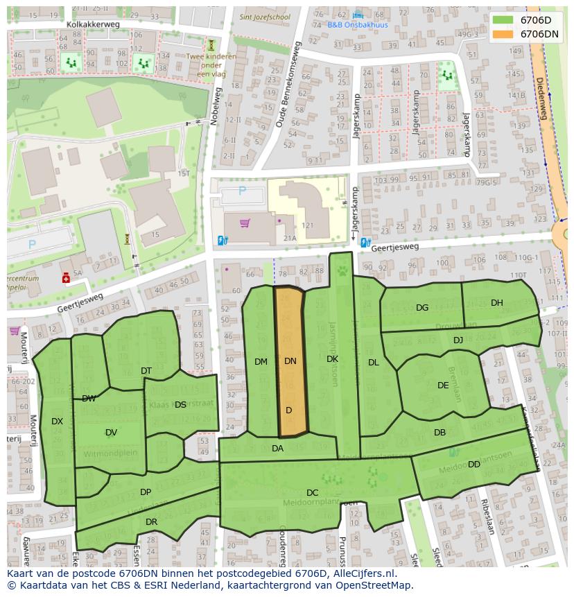 Afbeelding van het postcodegebied 6706 DN op de kaart.