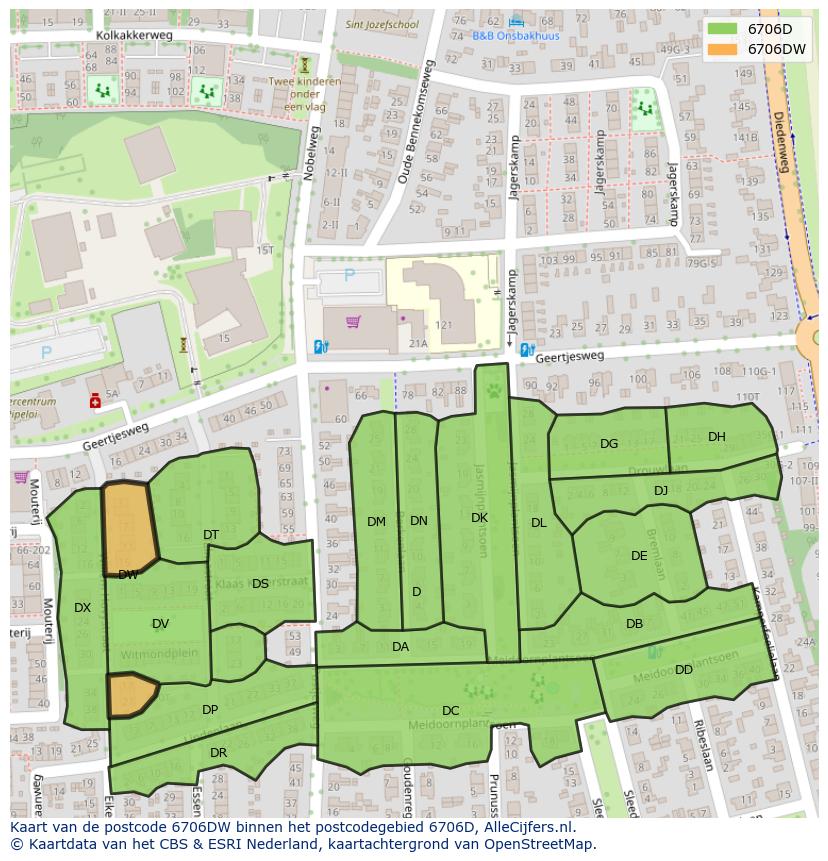 Afbeelding van het postcodegebied 6706 DW op de kaart.