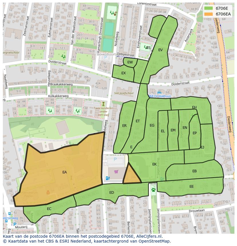 Afbeelding van het postcodegebied 6706 EA op de kaart.
