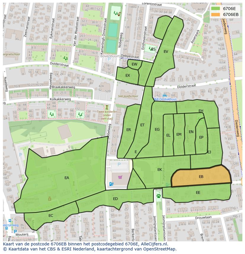 Afbeelding van het postcodegebied 6706 EB op de kaart.