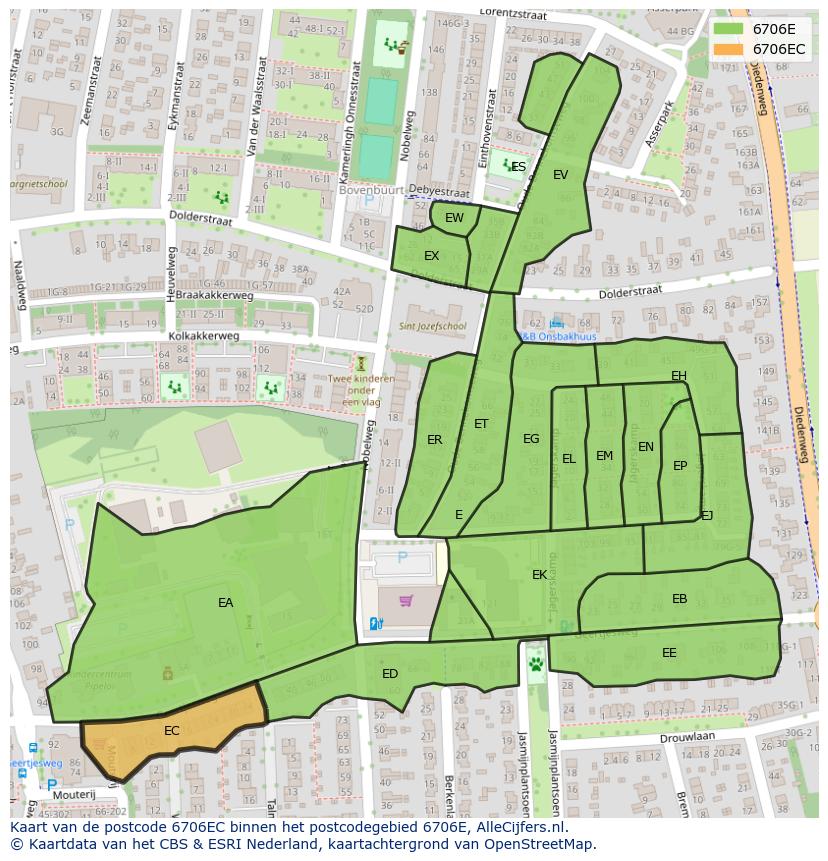 Afbeelding van het postcodegebied 6706 EC op de kaart.