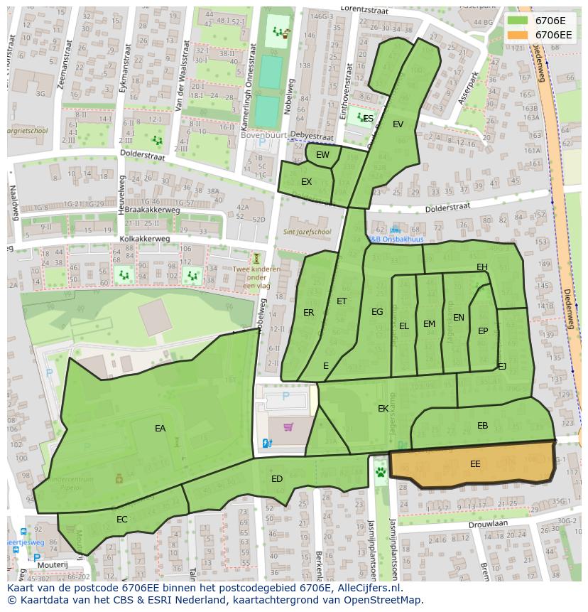 Afbeelding van het postcodegebied 6706 EE op de kaart.