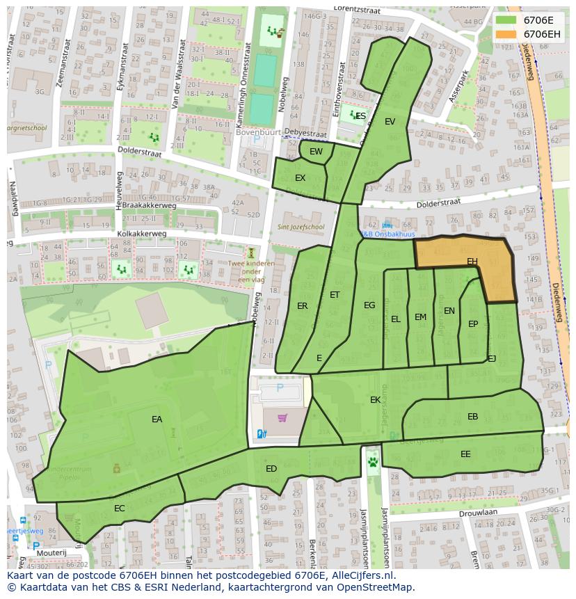 Afbeelding van het postcodegebied 6706 EH op de kaart.