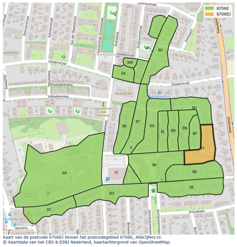 Afbeelding van het postcodegebied 6706 EJ op de kaart.