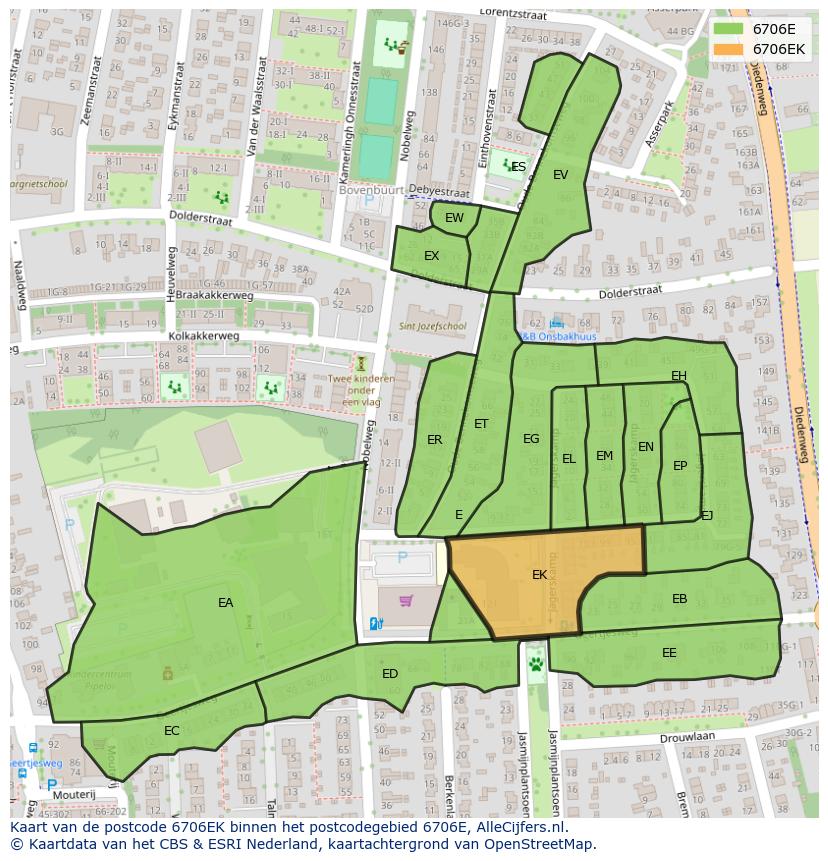 Afbeelding van het postcodegebied 6706 EK op de kaart.
