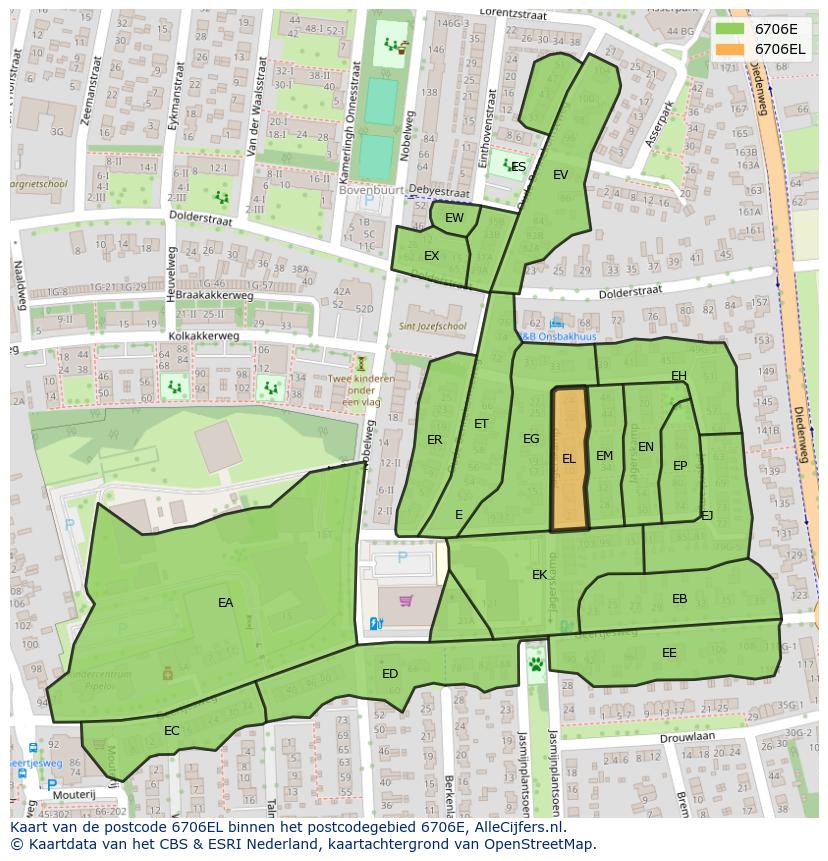 Afbeelding van het postcodegebied 6706 EL op de kaart.