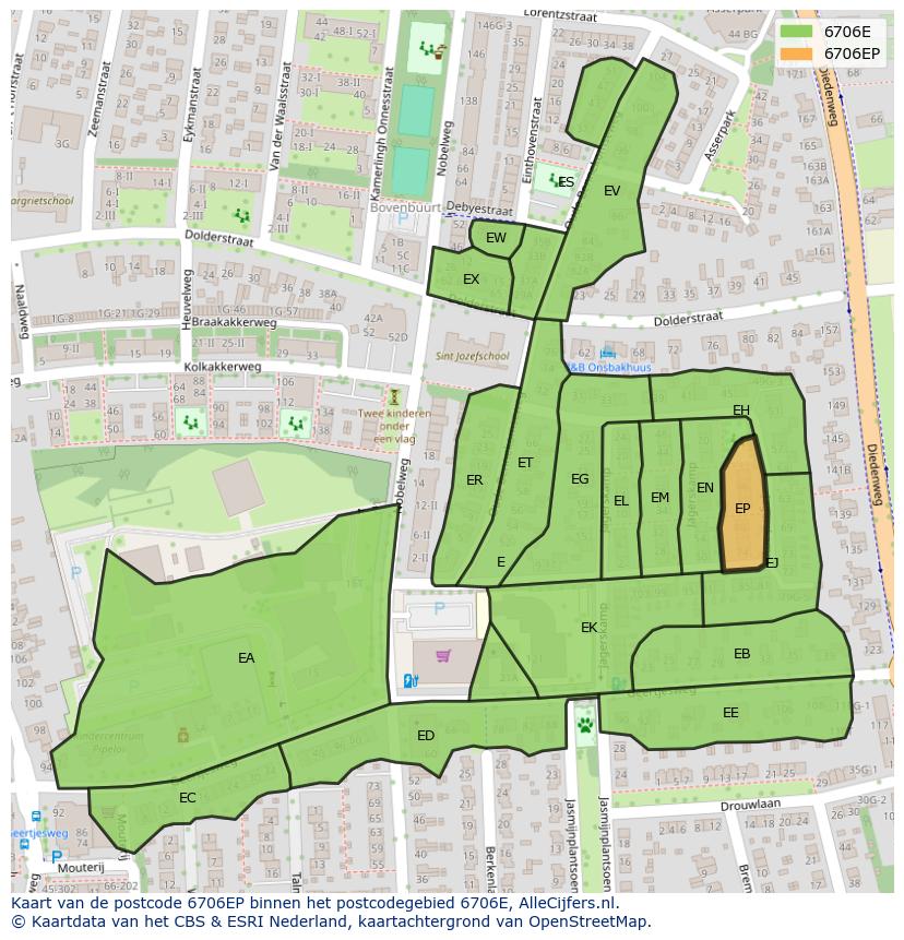 Afbeelding van het postcodegebied 6706 EP op de kaart.