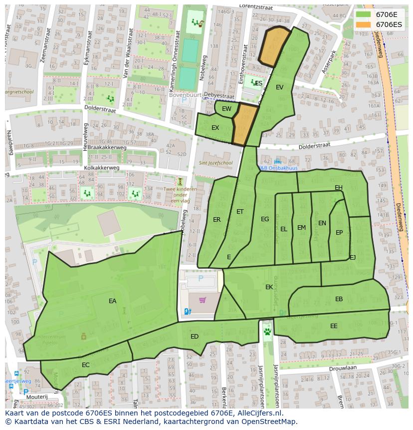 Afbeelding van het postcodegebied 6706 ES op de kaart.