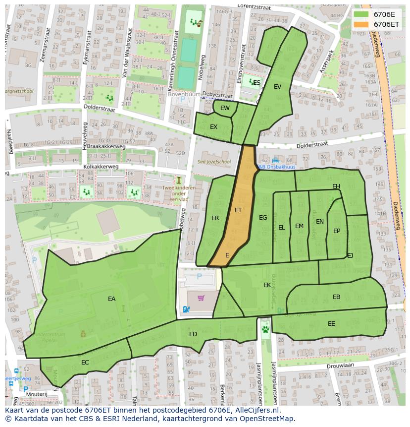 Afbeelding van het postcodegebied 6706 ET op de kaart.