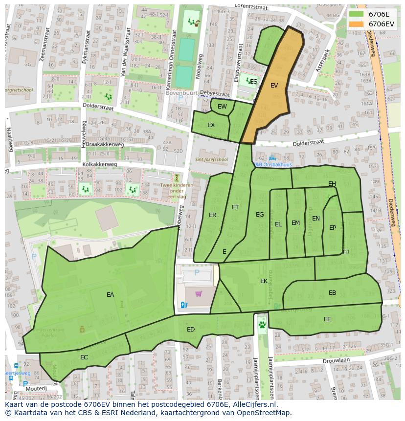 Afbeelding van het postcodegebied 6706 EV op de kaart.