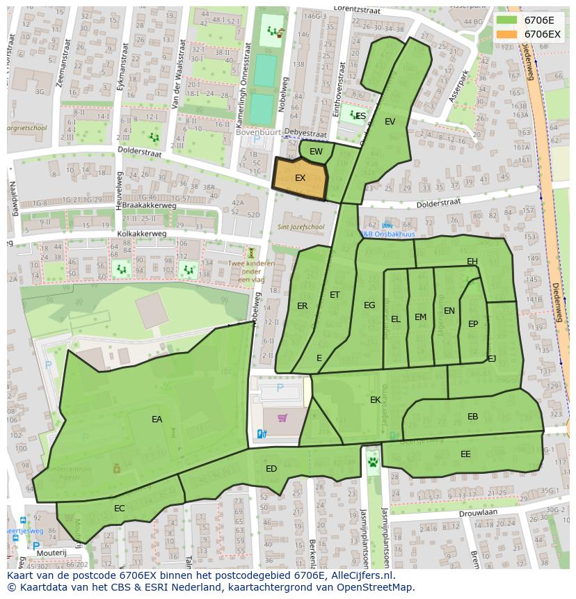 Afbeelding van het postcodegebied 6706 EX op de kaart.