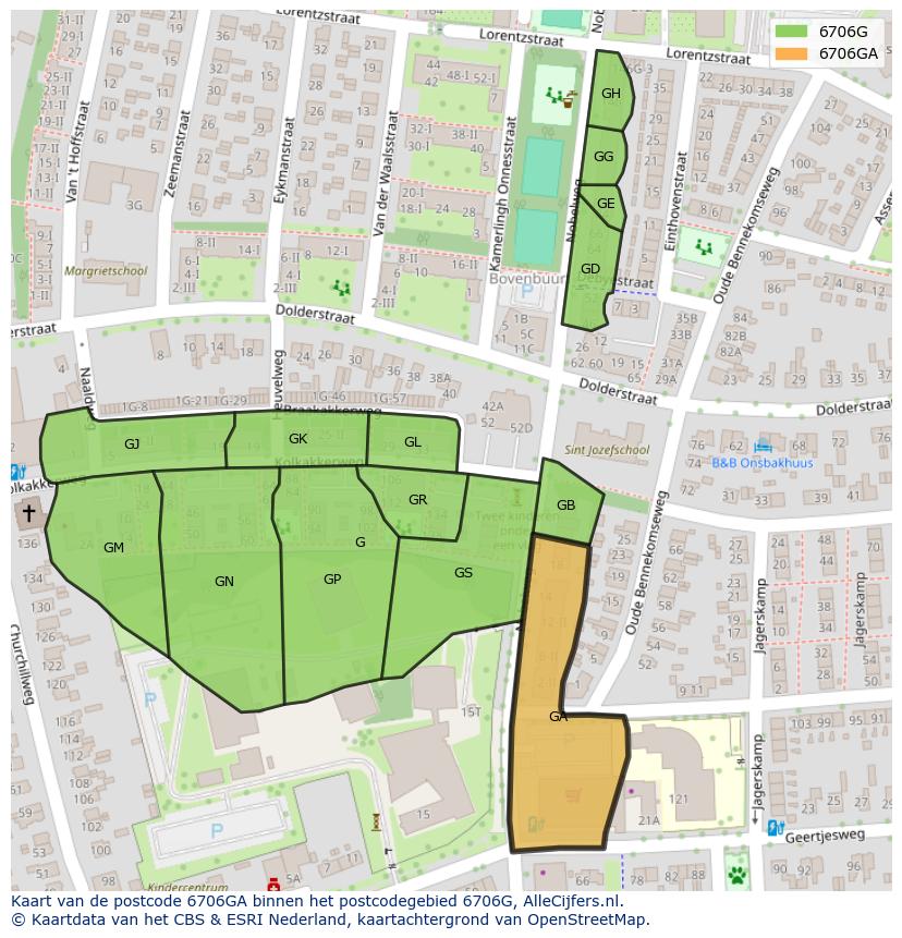 Afbeelding van het postcodegebied 6706 GA op de kaart.