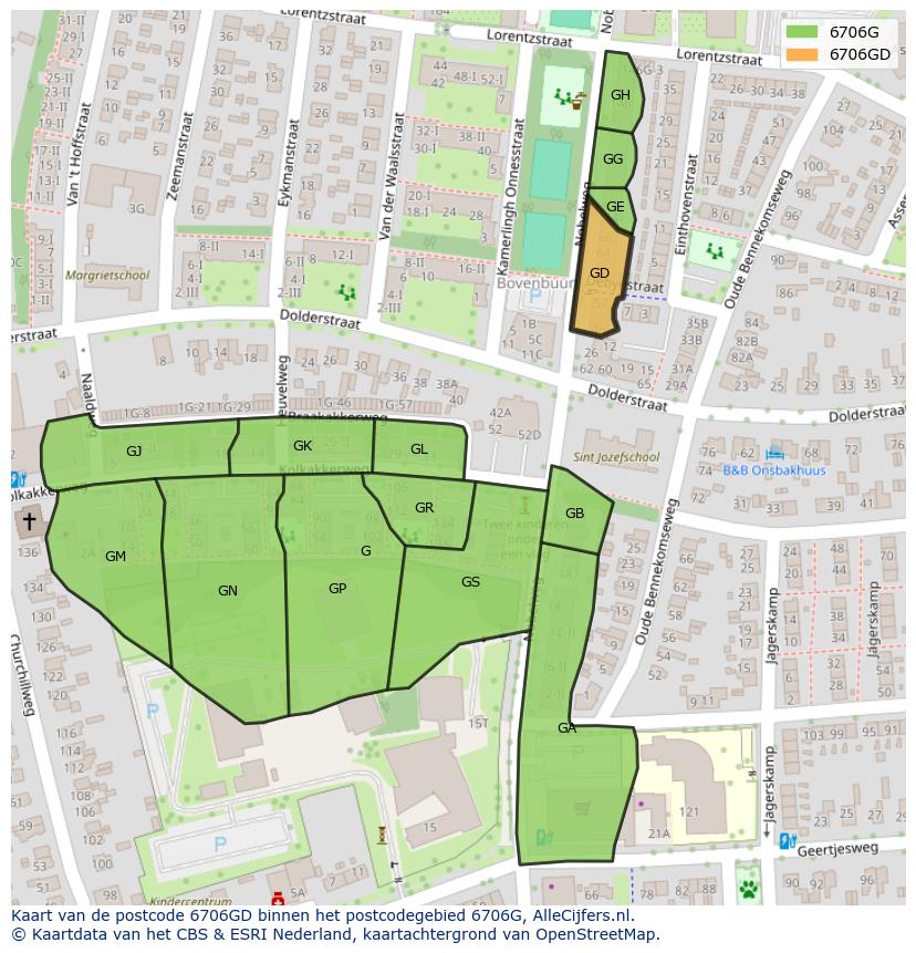 Afbeelding van het postcodegebied 6706 GD op de kaart.