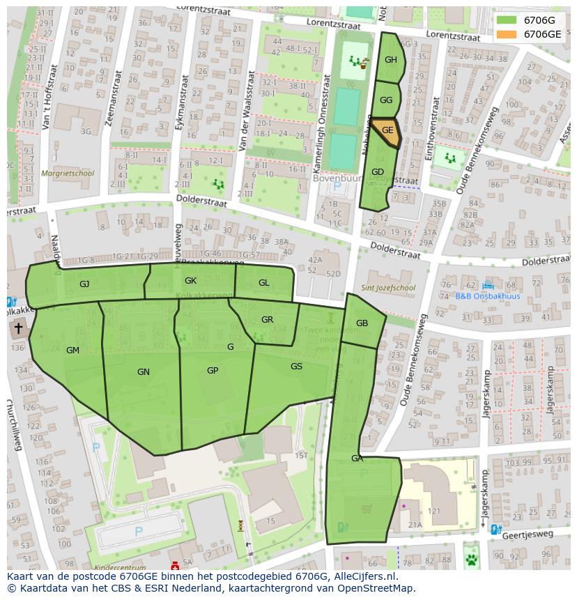 Afbeelding van het postcodegebied 6706 GE op de kaart.