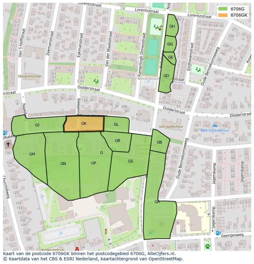 Afbeelding van het postcodegebied 6706 GK op de kaart.