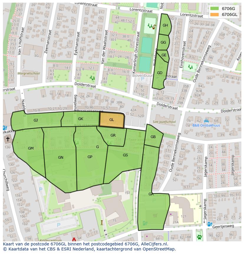 Afbeelding van het postcodegebied 6706 GL op de kaart.