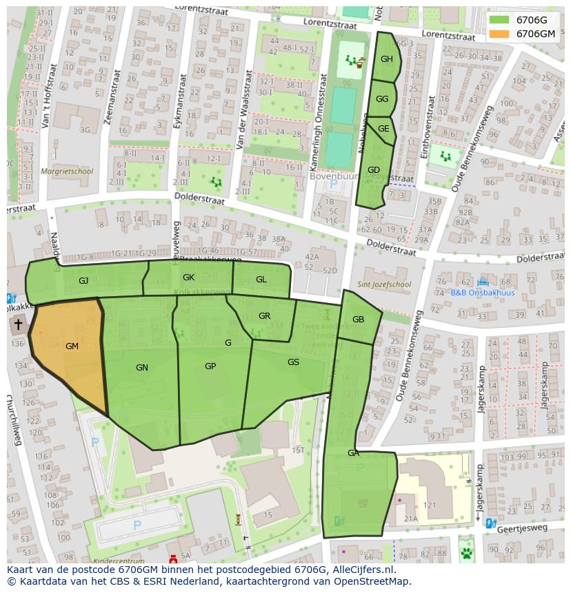 Afbeelding van het postcodegebied 6706 GM op de kaart.