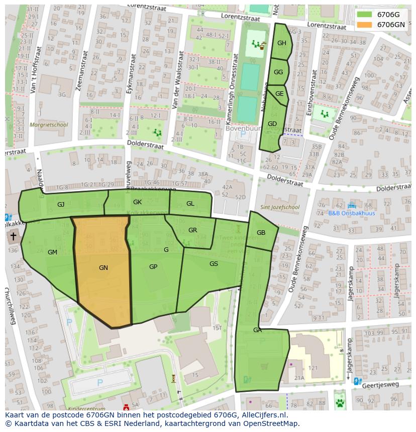 Afbeelding van het postcodegebied 6706 GN op de kaart.