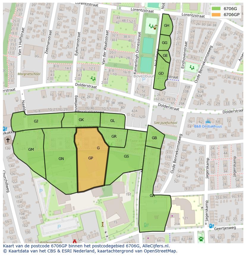 Afbeelding van het postcodegebied 6706 GP op de kaart.