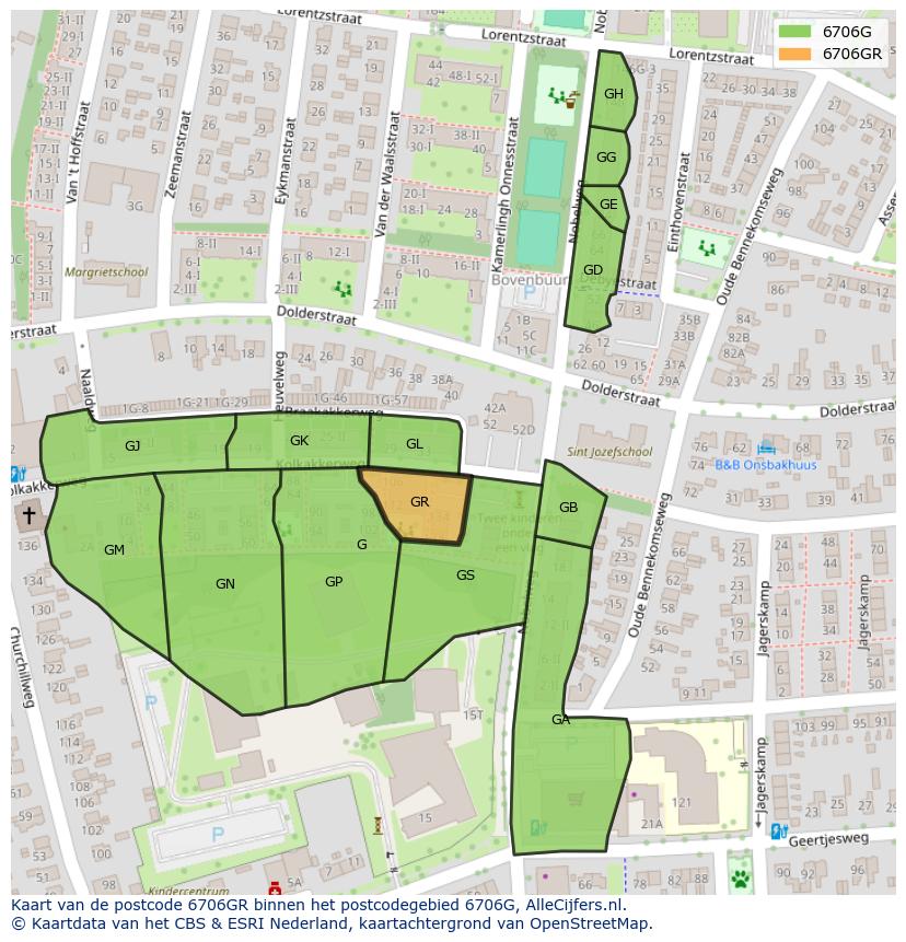 Afbeelding van het postcodegebied 6706 GR op de kaart.