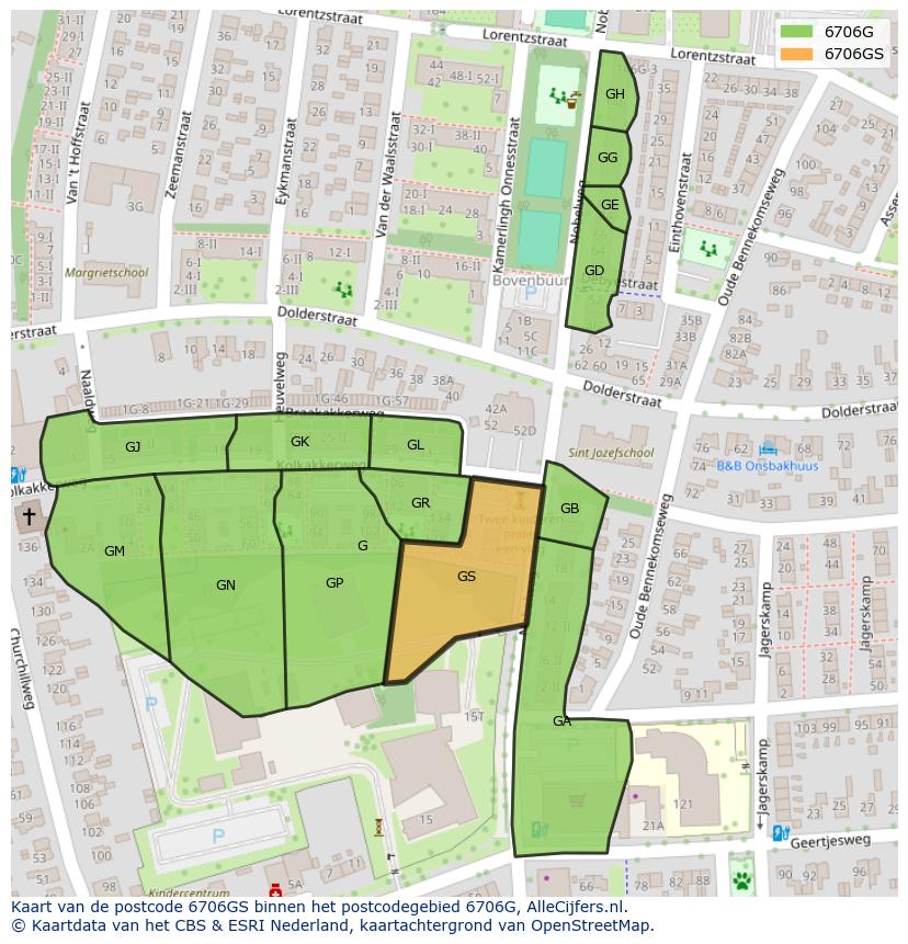 Afbeelding van het postcodegebied 6706 GS op de kaart.