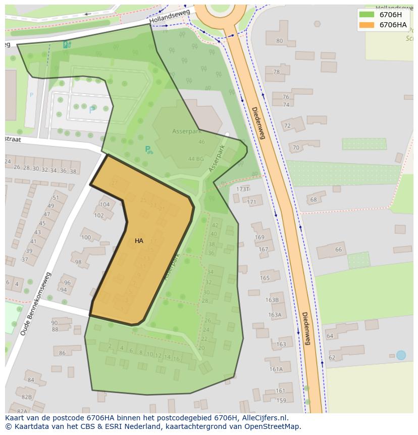 Afbeelding van het postcodegebied 6706 HA op de kaart.