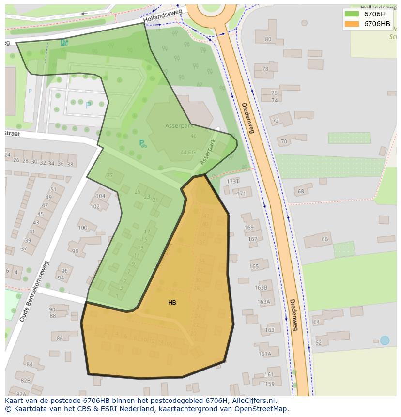 Afbeelding van het postcodegebied 6706 HB op de kaart.