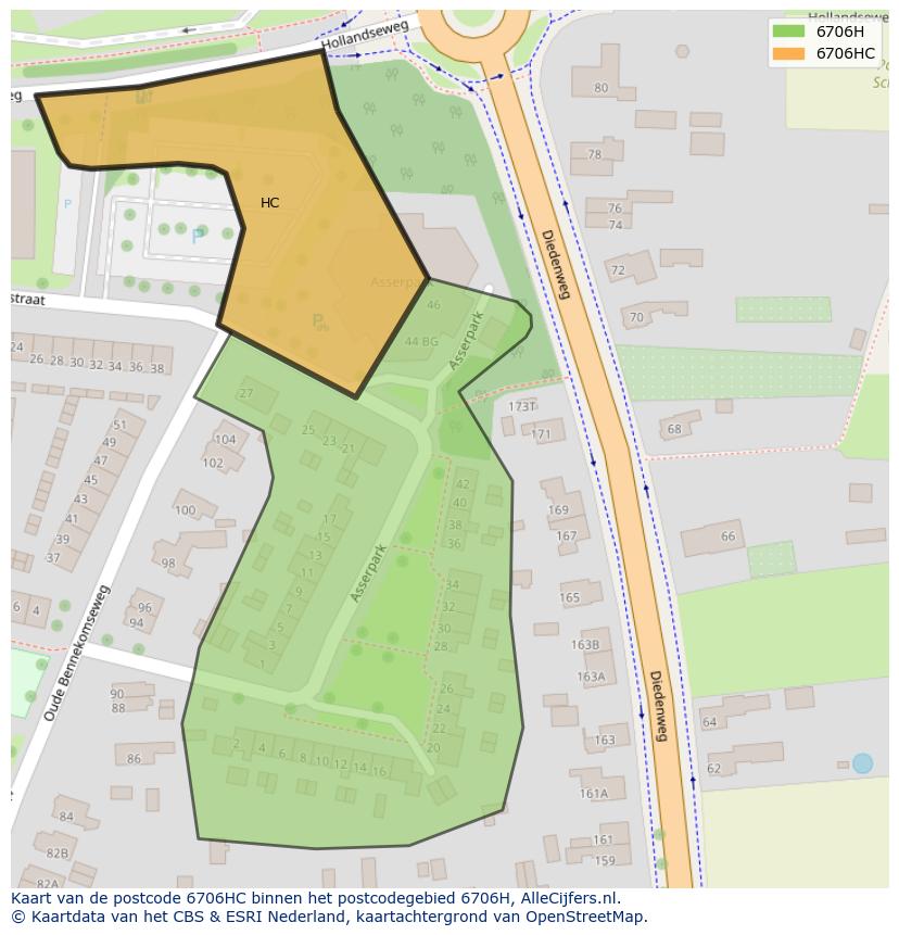 Afbeelding van het postcodegebied 6706 HC op de kaart.