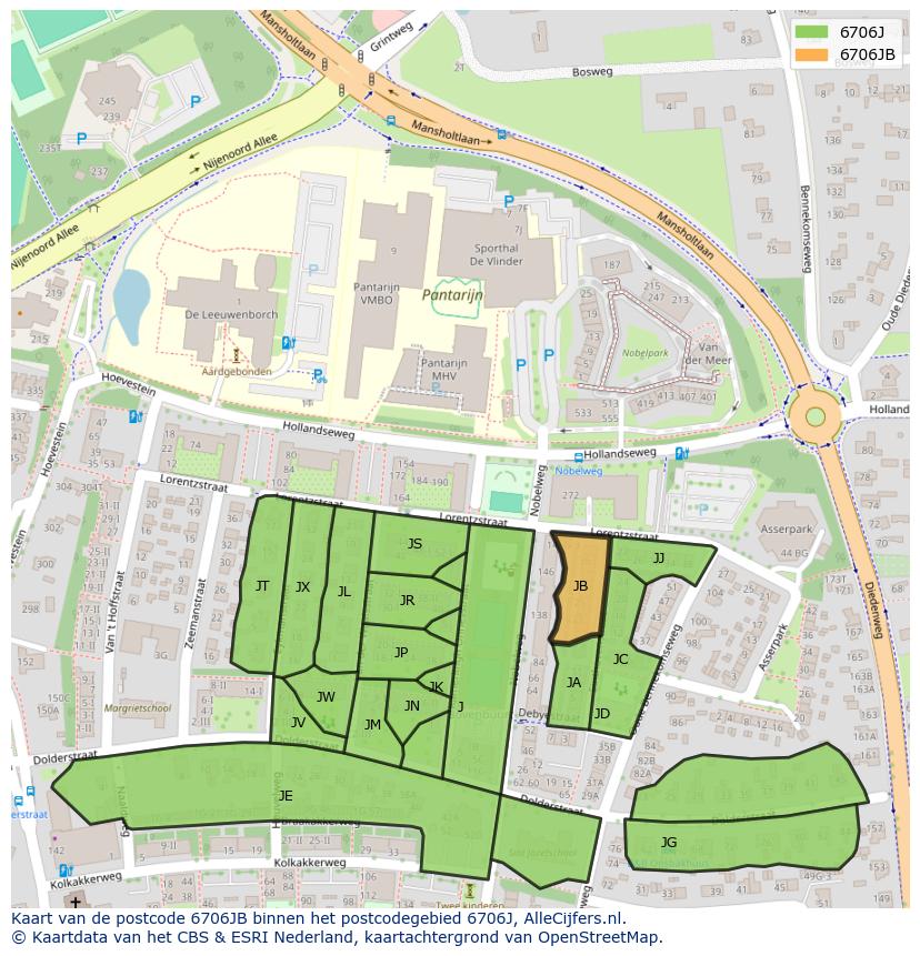Afbeelding van het postcodegebied 6706 JB op de kaart.