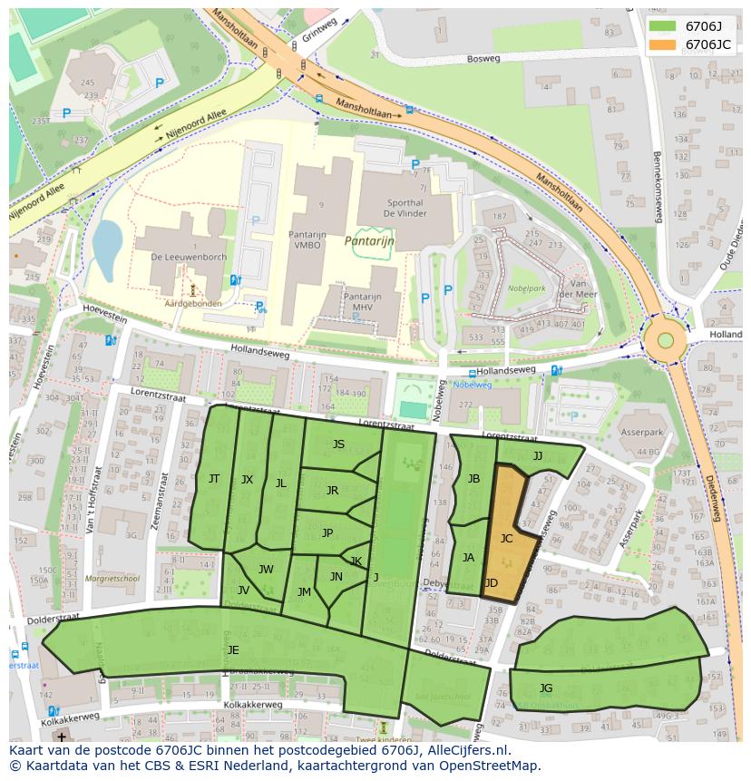 Afbeelding van het postcodegebied 6706 JC op de kaart.