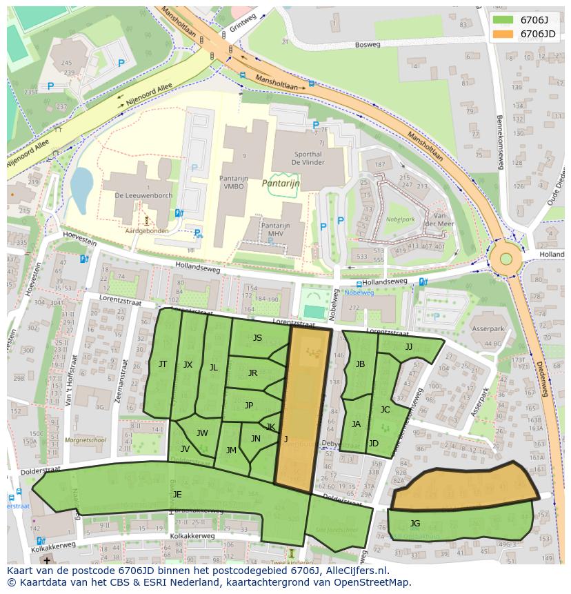 Afbeelding van het postcodegebied 6706 JD op de kaart.