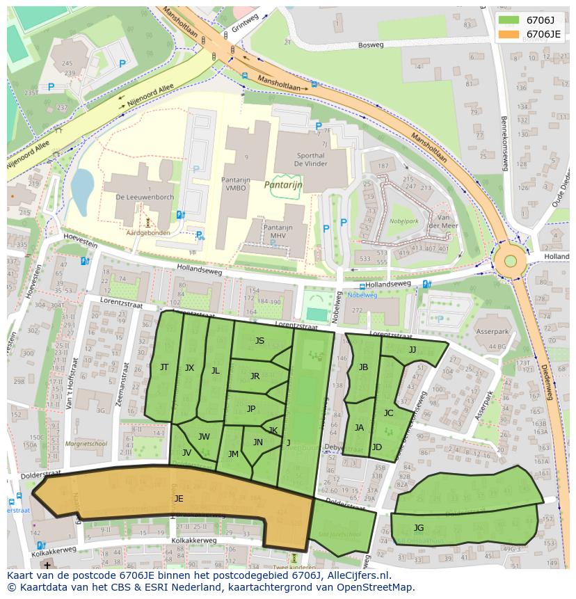 Afbeelding van het postcodegebied 6706 JE op de kaart.