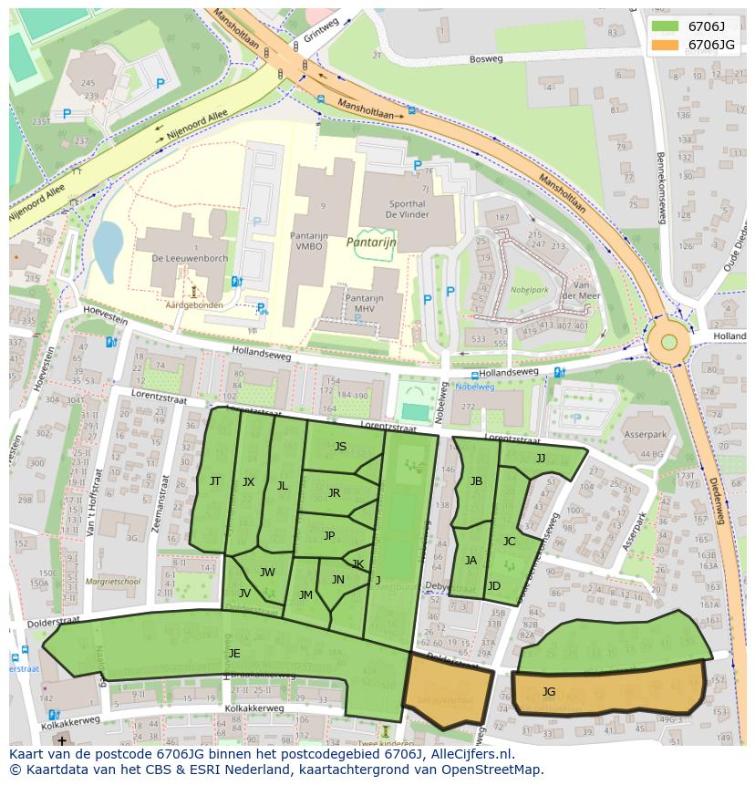Afbeelding van het postcodegebied 6706 JG op de kaart.