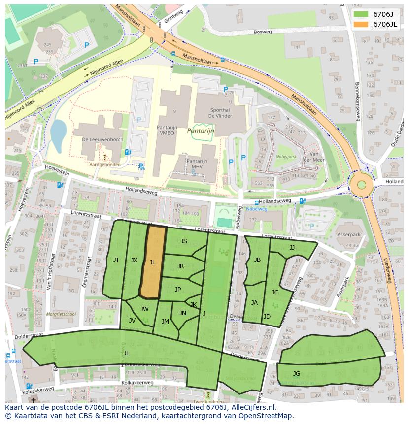 Afbeelding van het postcodegebied 6706 JL op de kaart.