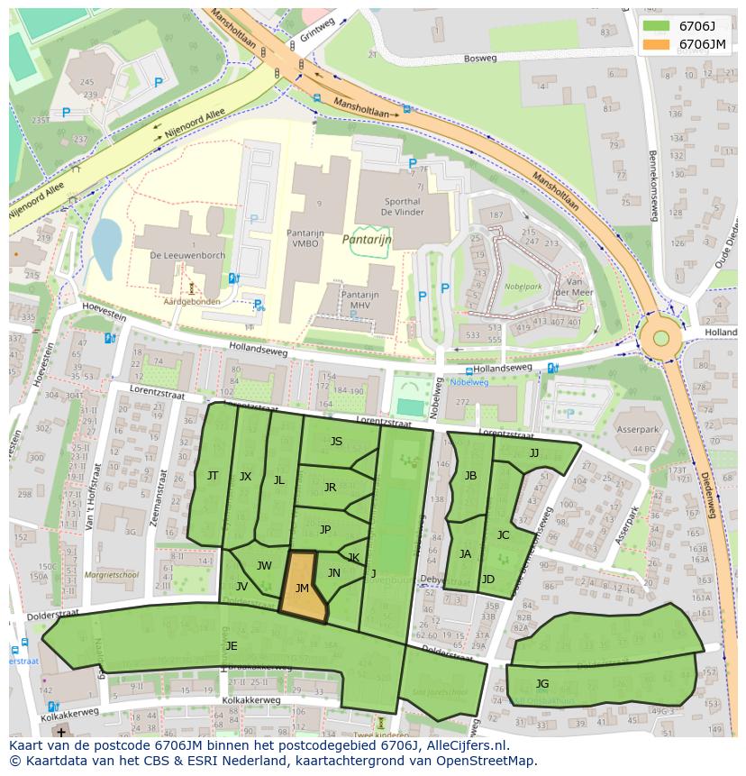 Afbeelding van het postcodegebied 6706 JM op de kaart.