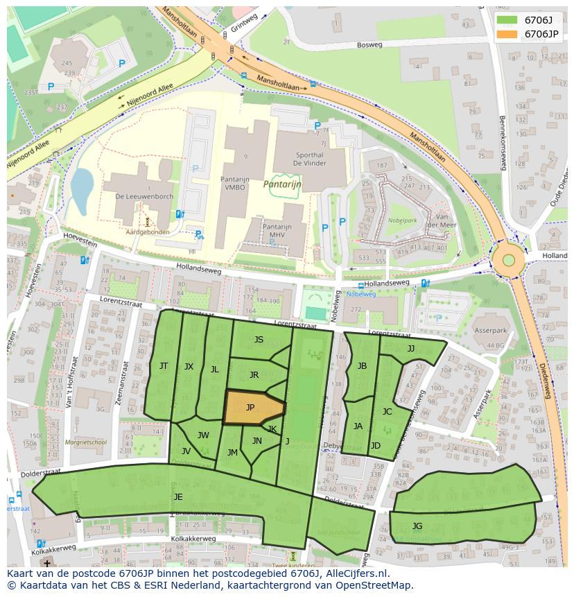 Afbeelding van het postcodegebied 6706 JP op de kaart.