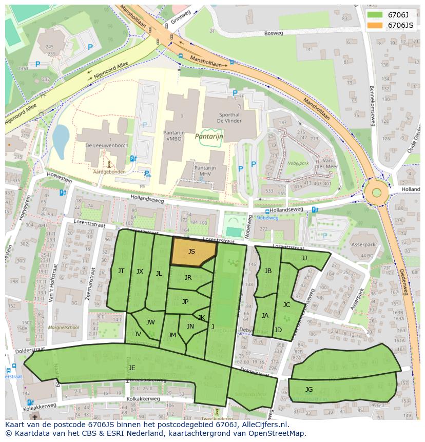 Afbeelding van het postcodegebied 6706 JS op de kaart.